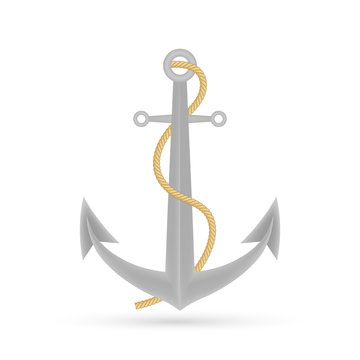 Single realistic shiny steel anchor with rings and shadow on white background isolated vector illustration.