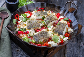 Traditioneller gebratener griechischer Kabeljau Fisch Filet Auflauf mit Feta Käse und Gemüse als closeup in einer rustikalen schmiedeeisernen Pfanne