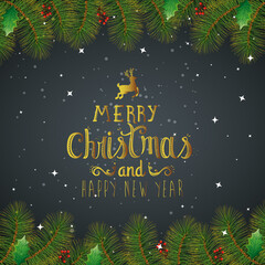 Naklejka premium poster of merry christmas and happy new year with leafs vector illustration design