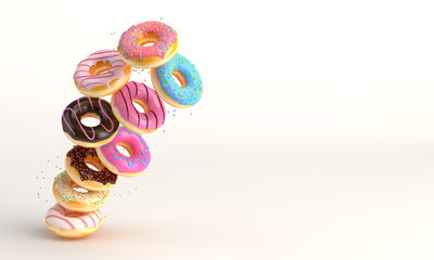 Donuts in motion falling on white background. Sweet and colourful doughnuts falling or flying in motion. 3d-illustration.