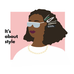 Fashion African American woman profile portrait.  Stylish hair clips and glasses. Its about style text. Vector illustration for print, t-shirt design, poster, banner, tote bag