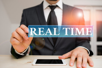 Conceptual hand writing showing Real Time. Concept meaning the actual time during which a processes or events occurs Male human wear formal clothes present use hitech smartphone