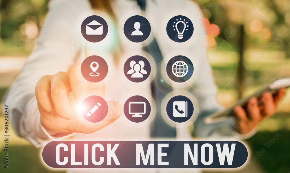Poster text sign showing click me now. business photo showcasing internet helping desk press the button onl