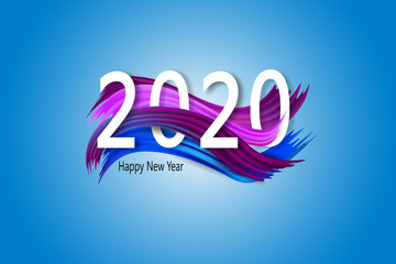 2020 New Year, white number, abstract colorful  brush strokes on blue background