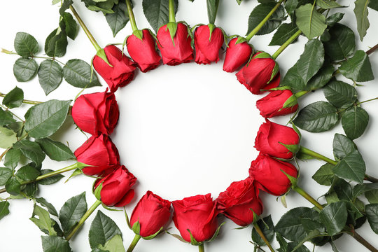Circle of red roses on white background, space for text - Powered by Adobe