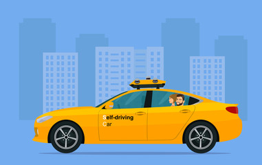 Self-driving sedan car with a man and a woman in the back seat rides around the city. Vector flat style illustration.