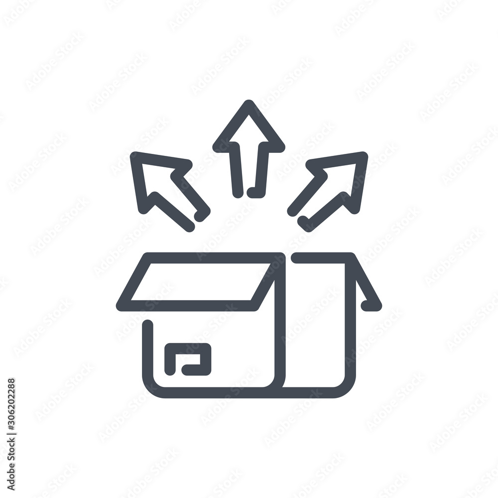 Poster unboxing line icon. open box with arrows vector outline sign.