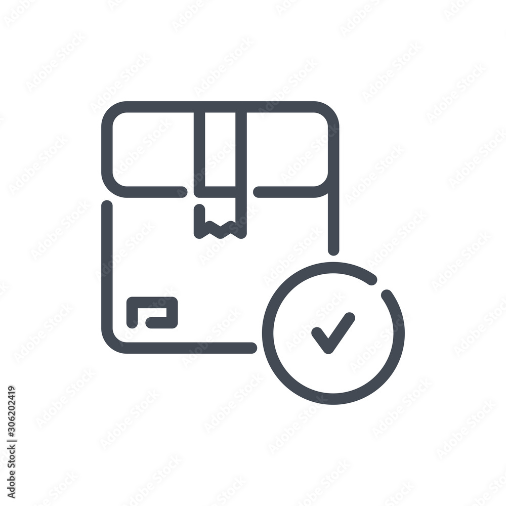 Poster parcel, delivery box with check mark line icon. cardboard box with tick vector outline sign.