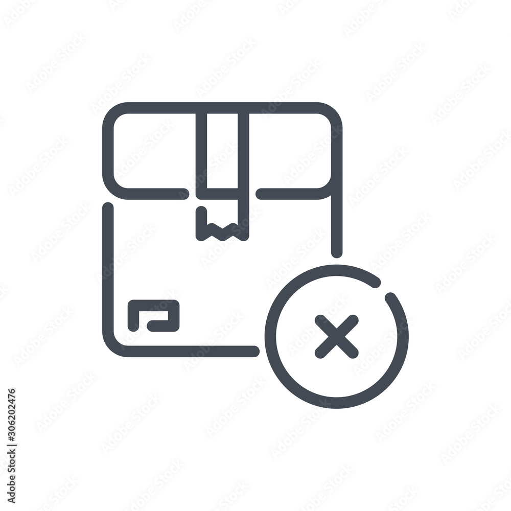 Poster parcel, delivery box with cancel cross line icon. cardboard box with decline cross vector outline si