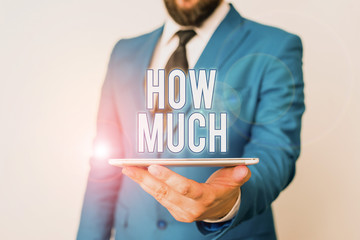 Conceptual hand writing showing How Much. Concept meaning ask about the amount or cost of something What amount or price Businessman in blue suite with a tie holds lap top in hands