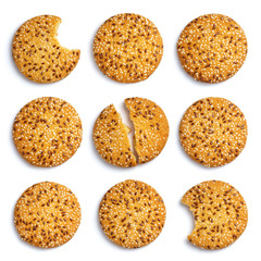 Big set of delicious oatmeal cookies, isolated on white background