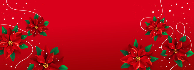 Merry Christmas background with Christmas flower poinsetia and greeting text on a red background.