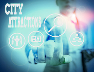 Word writing text City Attractions. Business photo showcasing place that showing visit for pleasure and interest