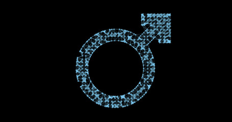 Gender icon. Male and female sex symbols. Illustration in the form of a starry sky or space, consisting of points, lines, and shapes in the form of stars with destruct shapes. Gender equal.