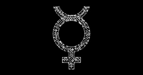 Gender icon. Male and female sex symbols. Illustration in the form of a starry sky or space, consisting of points, lines, and shapes in the form of stars with destruct shapes. Gender equal.