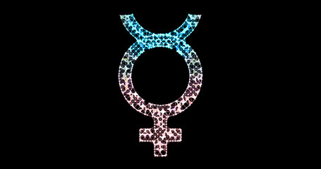 Gender icon. Male and female sex symbols. Illustration in the form of a starry sky or space, consisting of points, lines, and shapes in the form of stars with destruct shapes. Gender equal.