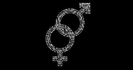 Gender icon. Male and female sex symbols. Illustration in the form of a starry sky or space, consisting of points, lines, and shapes in the form of stars with destruct shapes. Gender equal.