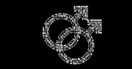 Gender icon. Male and female sex symbols. Illustration in the form of a starry sky or space, consisting of points, lines, and shapes in the form of stars with destruct shapes. Gender equal.