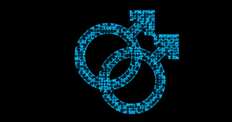 Gender icon. Male and female sex symbols. Illustration in the form of a starry sky or space, consisting of points, lines, and shapes in the form of stars with destruct shapes. Gender equal.