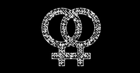 Gender icon. Male and female sex symbols. Illustration in the form of a starry sky or space, consisting of points, lines, and shapes in the form of stars with destruct shapes. Gender equal.