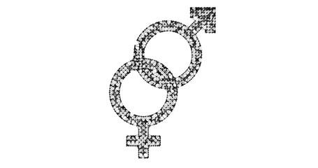 Gender icon. Male and female sex symbols. Illustration in the form of a starry sky or space, consisting of points, lines, and shapes in the form of stars with destruct shapes. Gender equal.