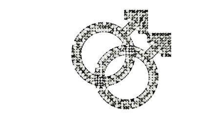Gender icon. Male and female sex symbols. Illustration in the form of a starry sky or space, consisting of points, lines, and shapes in the form of stars with destruct shapes. Gender equal.