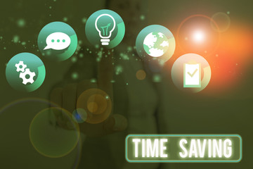 Conceptual hand writing showing Time Saving. Concept meaning the act of reducing the amount of time...