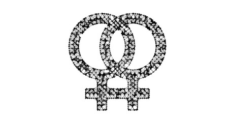 Gender icon. Male and female sex symbols. Illustration in the form of a starry sky or space, consisting of points, lines, and shapes in the form of stars with destruct shapes. Gender equal.