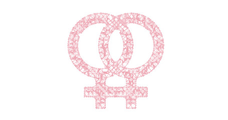 Gender icon. Male and female sex symbols. Illustration in the form of a starry sky or space, consisting of points, lines, and shapes in the form of stars with destruct shapes. Gender equal.