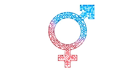 Gender icon. Male and female sex symbols. Illustration in the form of a starry sky or space, consisting of points, lines, and shapes in the form of stars with destruct shapes. Gender equal.