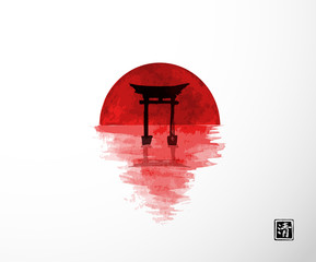 Big red sun and black sacred torii gates reflecting in water. Hieroglyph - clarity