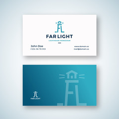 Far Light Abstract Vector Sign or Logo and Business Card Template. Searchlight Tower Symbol from A and L letters with Typography. Lighthouse Building Monogram. Premium Stationary Realistic Mock Up.