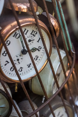 Fototapeta na wymiar Old school retro vintage alarm clocks tracking time trapped in a bird cage rusty metal iron nice soft shadows slow dying feeling vibe historical objects hidden clock Prison locked away Chernobyl