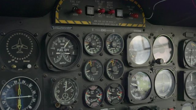 interior of cockpit navigation equipment control dials