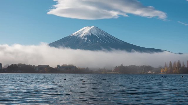 4K - time lapse movie of beautiful view of Mount Fuji with blue sky and cloud at mornuing, lake Kawaguchiko, Japan, best landmark places in Japan, landscape, travel and nature concept