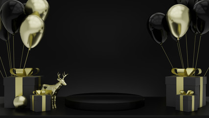 3d render of Black pedestal steps isolated on black background, golden deer model with gift box and balloon, blank space, simple clean design, luxury minimalist mockup