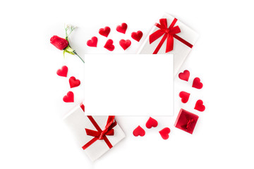 Valentine's Day background with heart, gift boxes and rose on white background. Copy space