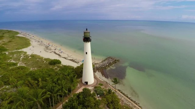 Miami lighthouse Aerial Fly to Ocean and Turn South