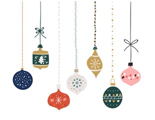 Set of hand drawn christmas baubles. Decoration isolated elements. Doodles and sketches vector illustration. Balls are hanging.