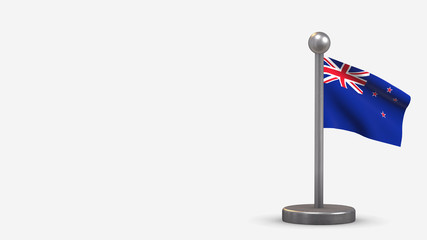 New Zealand 3D waving flag illustration on tiny flagpole.