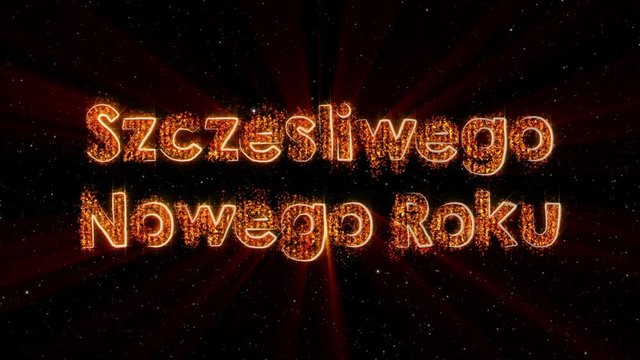 "Happy New Year" text in Polish "Szczesliwego Nowego Roku" loop animation over dark animated background