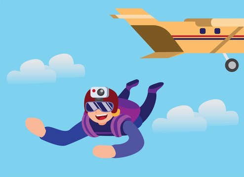 free skydiving with action cam flat illustration vector