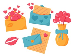 Set of elements for Valentine's Day. Letters, envelopes, hearts, kisses, a vase of hearts. Isolated on white background. For printing postcards, stickers, decor.