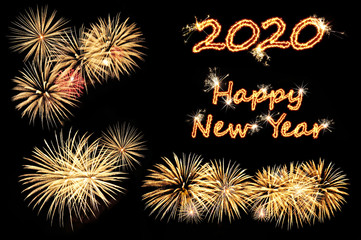 New year 2020 greeting card with flash letters and fireworks