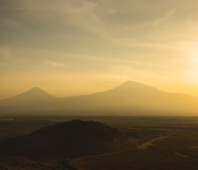 Beautiful landscape at sunset on Mount Ararat in Armenia. Near the city of Yerevan.