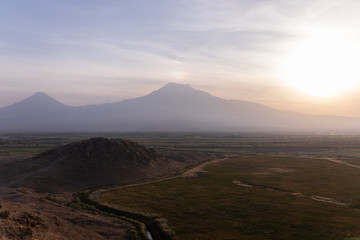 Obraz premium Beautiful landscape at sunset on Mount Ararat in Armenia. Near the city of Yerevan.