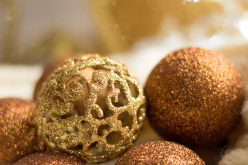 Set of decorative elements in golden tones. Preparation and execution of handmade work. Christmas...