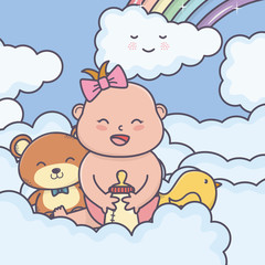 baby shower little girl bear duck in clouds