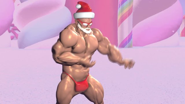 Muscular sexy bodybuilder Santa dancing just with hat, boots and thong in a candy Christmas village. Seamless funny Christmas animation for clubs or parties