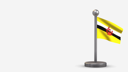 Brunei 3D waving flag illustration on tiny flagpole.